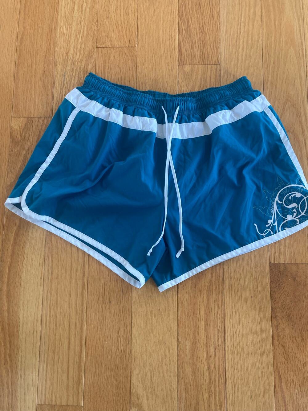 Athleta Hana Lined Running Athletic Shorts — Size M Teal White Scroll